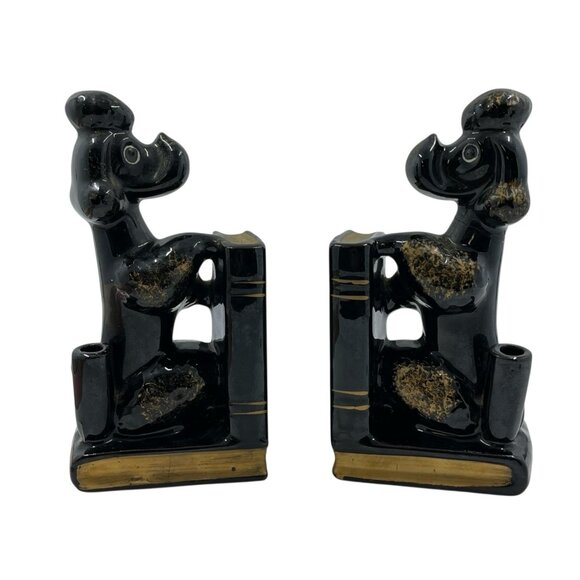 Other - Vintage Black Poodle Dog Porcelain Bookends Set‎ Pen Pencil Holder Japan
